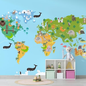 Carta da parati con mappa del mondo educativa con animali avventurosi / Carta da parati per camerette dei bambini in stile carino / Decorazione da parete per camerette dei bambini divertente e semplice / Decorazioni per bambini