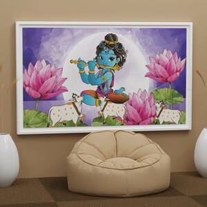 バル・クリシュナ・フルートのキャンバス画｜ヒンドゥー教の神を描いたカラフルな壁アート