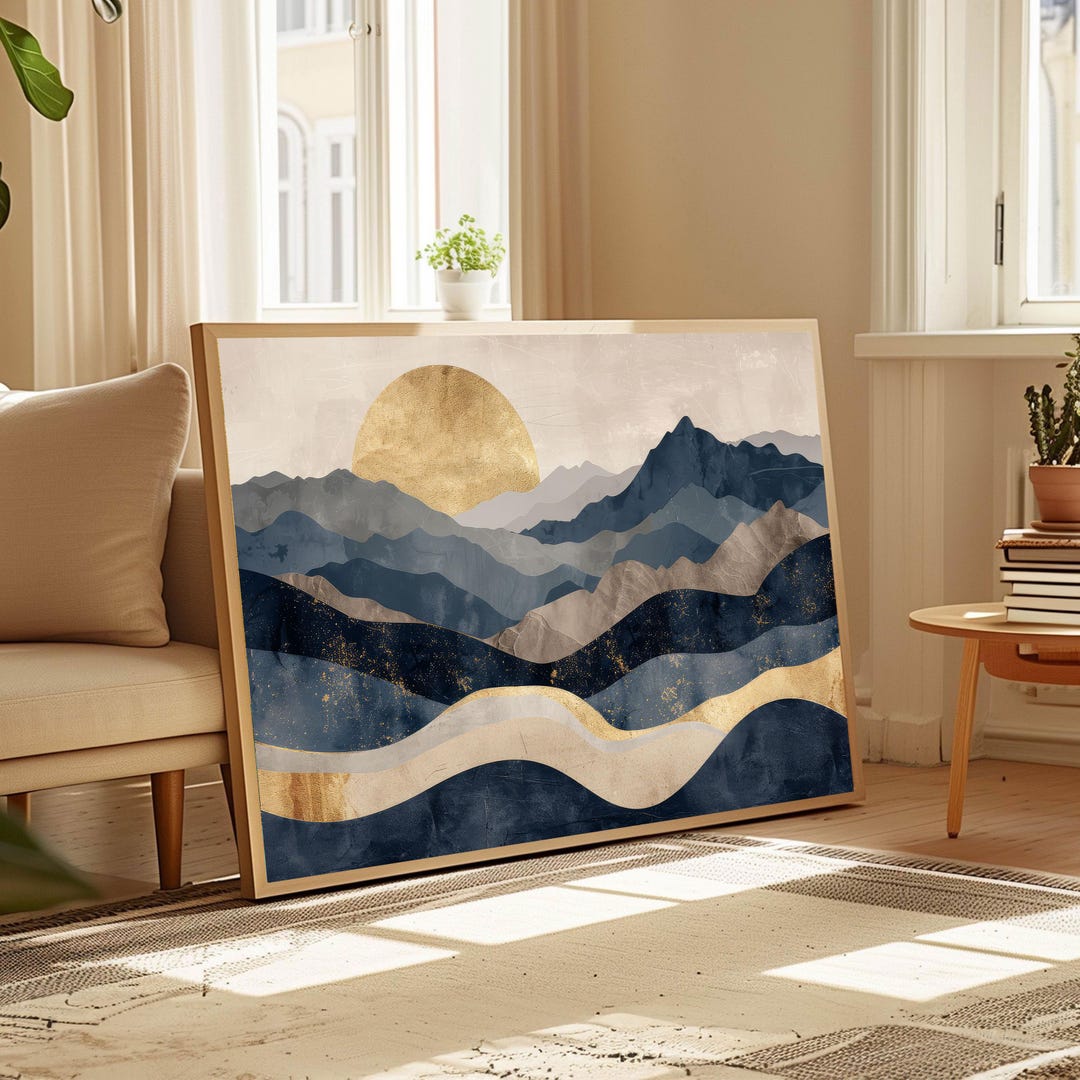 Abstract Mountain Canvas Painting, Blue Gold Sun, Minimalist Wall Art ...