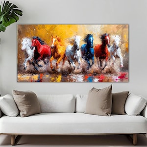 Vastu Painting 7 Horses , Colorful Horse Canvas Wall Art, Ready to Hang Sunset Painting, Spiritual Home Decor, Living Room Wall Hanging