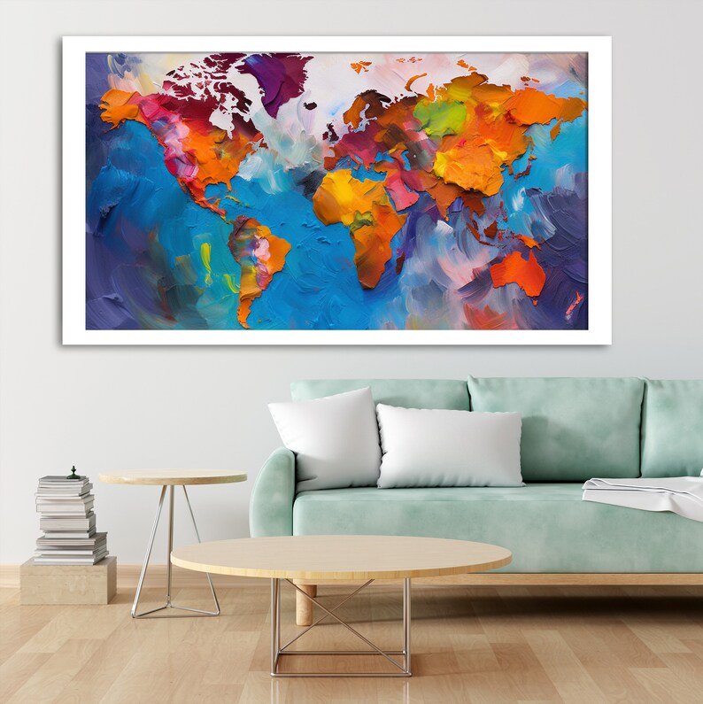 Large colorful world map wall art World map wall painting for living room decor Wooden Premium Canvas Painting image 2