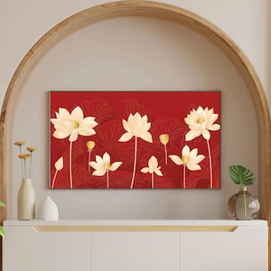 Lotus Flower Painting, Red Floral Wall Art, Modern Lotus Canvas, Spiritual Home Decor, Zen Meditation Artwork