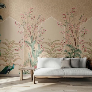 Mughal Floral Arch Wall Mural, Indian Heritage Peel and Stick Wallpaper, Beige Botanical Wall Art with Peacock for Living Room, Lounge