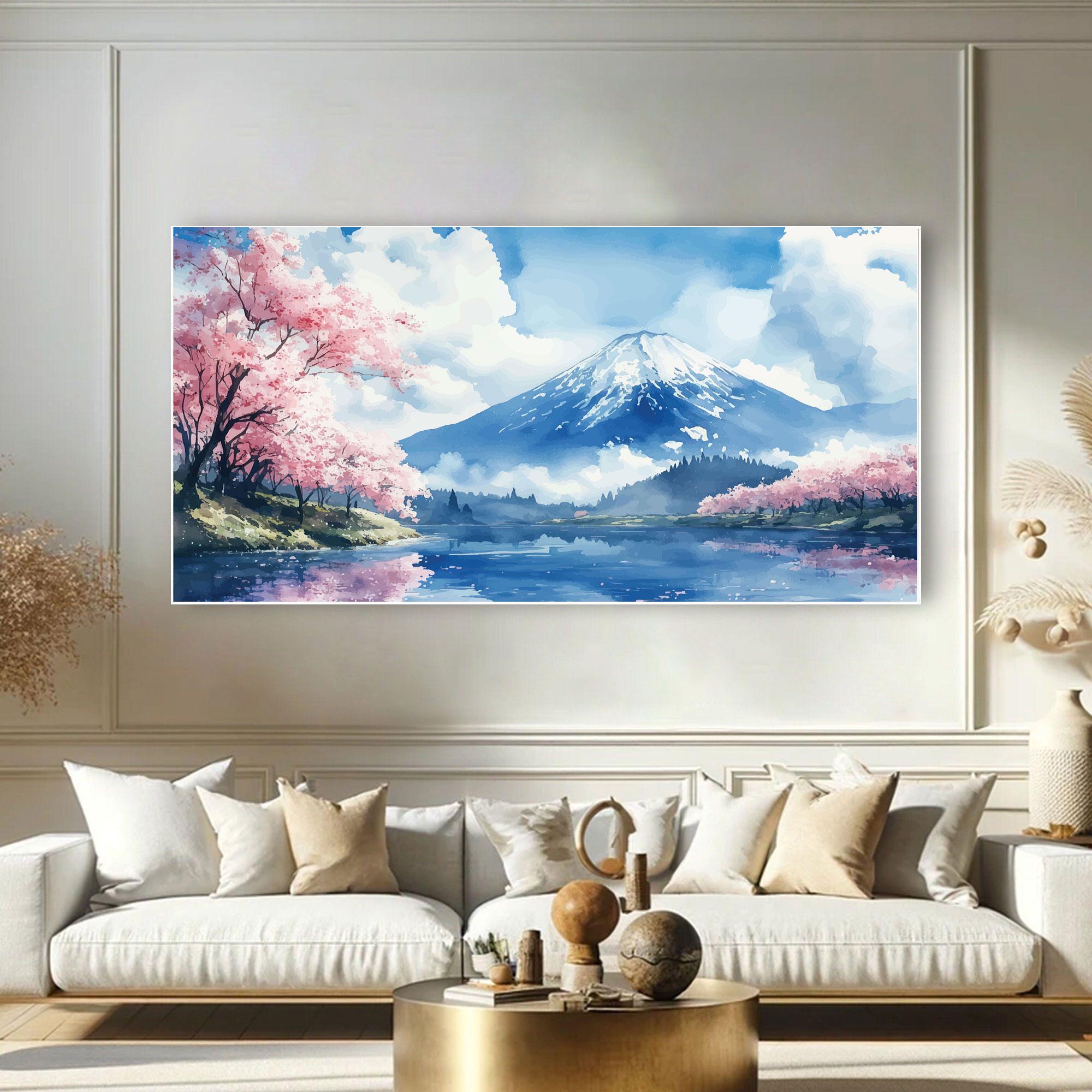 富士山のキャンバス絵画：日本の桜と湖の景色 - Etsy 日本
