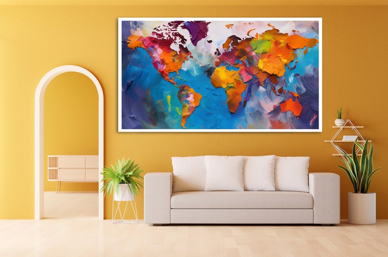 Large colorful world map wall art World map wall painting for living room decor Wooden Premium Canvas Painting image 1