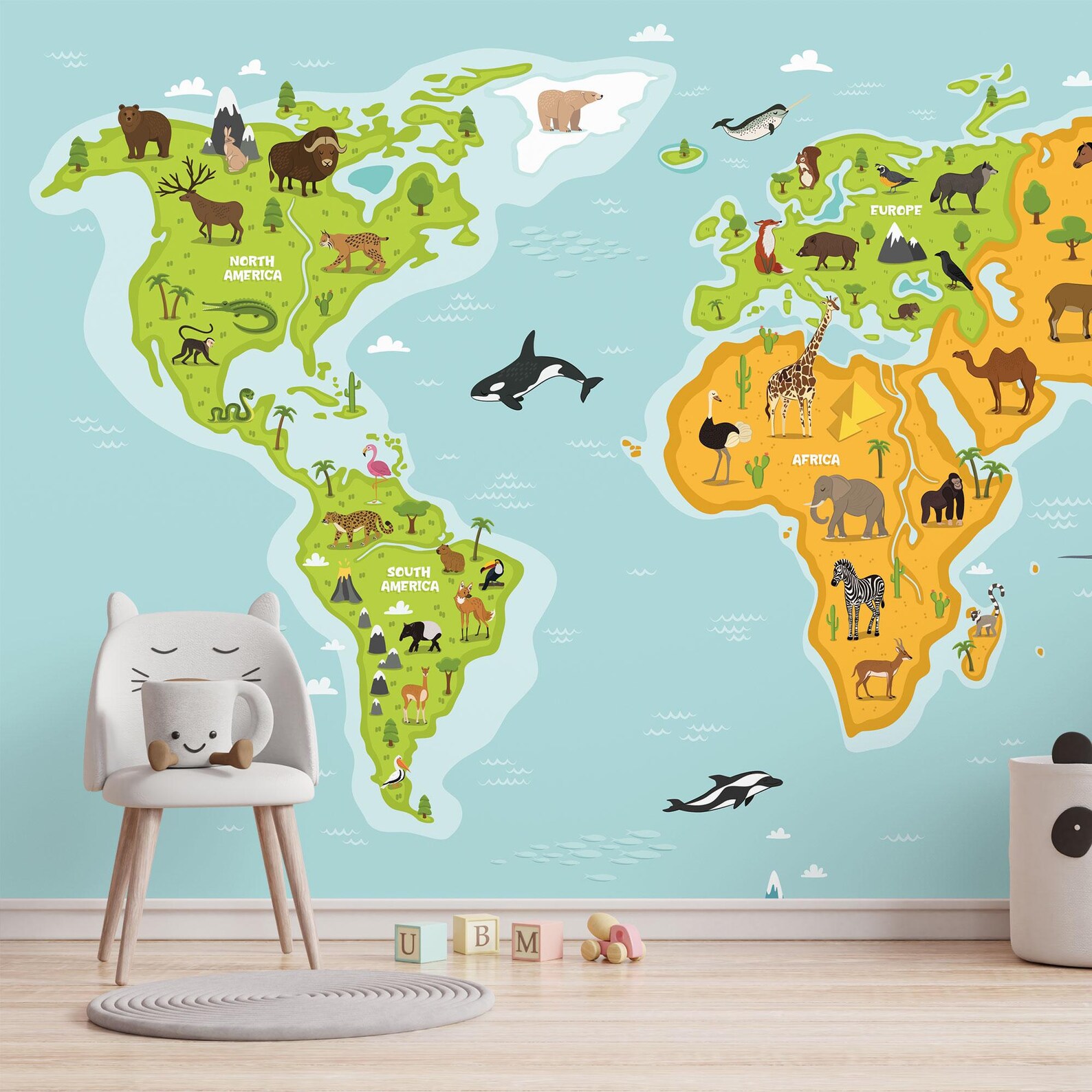 Kids World Map Wallpaper | Animal Theme Peel & Stick or Non-woven Wall ...