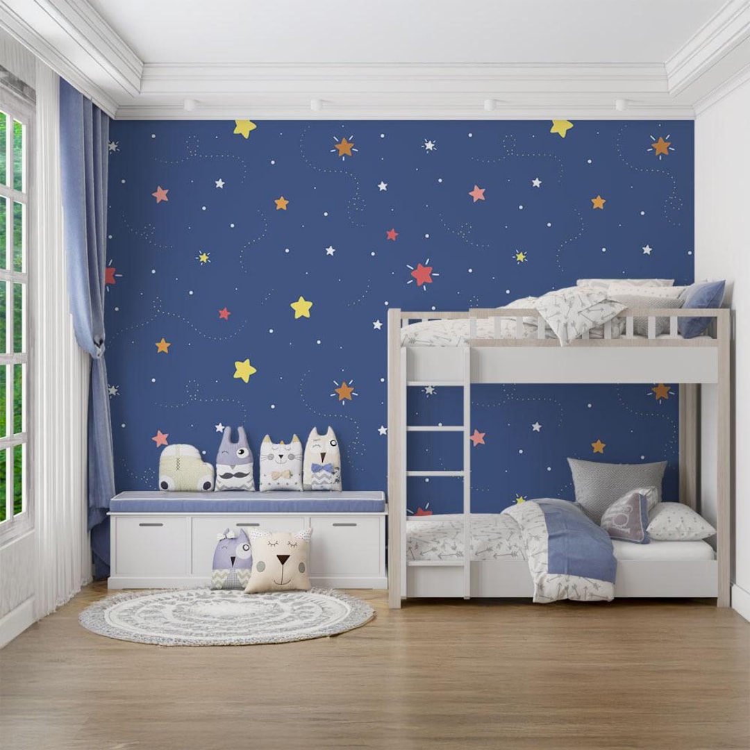 Starry Night Sky Kids Room Wallpaper | Removable Boho Peel & Stick Wall ...