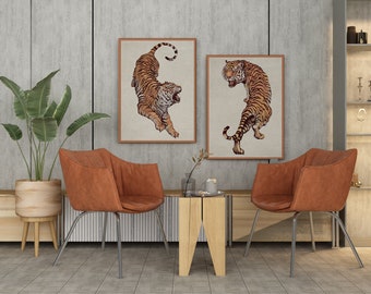 Set of 2 Tiger Canvas Paintings | Premium Tiger Wall Art for Home Decor | High Quality Wild Life Wall Painting | Animal Art