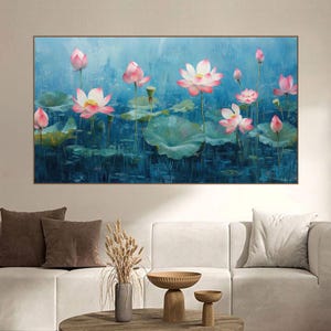 Pink Lotus Pond Painting, Modern Floral Wall Art, Botanical Lotus Canvas, Zen Meditation Room Decor, Spiritual Home Artwork