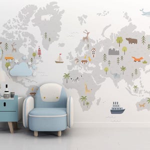 Explorateur de carte du monde minimal pour enfants Fonds d'écran | Papier peint pour chambre d'enfants de style mignon | Décoration murale animal simple et amusante pour chambre d'enfant | Déco pour enfants