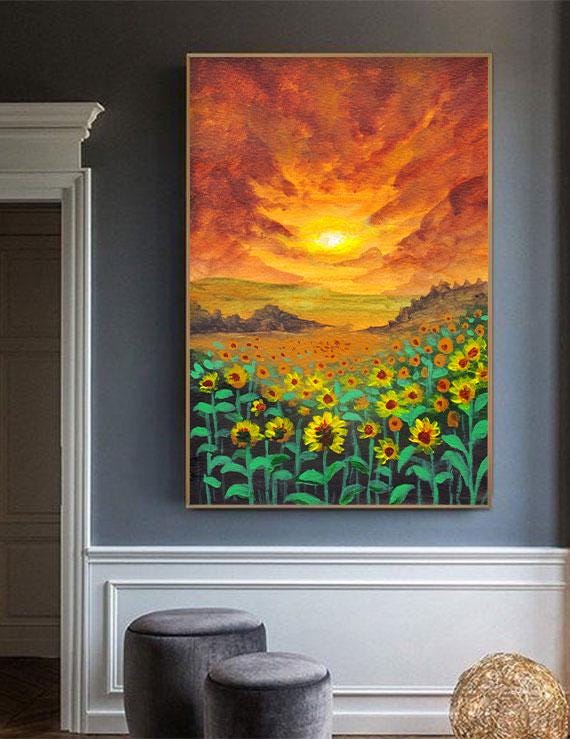 油絵 絵画 【夕日のひまわり畑】 油絵 油彩 油彩画 絵 絵画【夕日のひまわり畑】 | HIROSHI1990