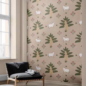 Sacred Cow Pattern Wallpaper, Indian Pichwai Art Peel and Stick Wallpaper, Beige Banarasi Style Wall Decor for Nursery, Puja Room or Hallway