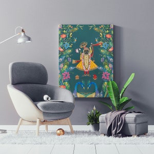 Lord Krishna Pichwai Painting, Beautiful Handdrawn Shrinath ji Pichwai Canvas Wall Art, Sacred Painting For Good Luck