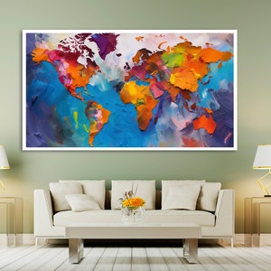 Large colorful world map wall art World map wall painting for living room decor Wooden Premium Canvas Painting image 3