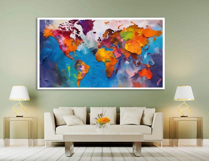 Large colorful world map wall art World map wall painting for living room decor Wooden Premium Canvas Painting image 3