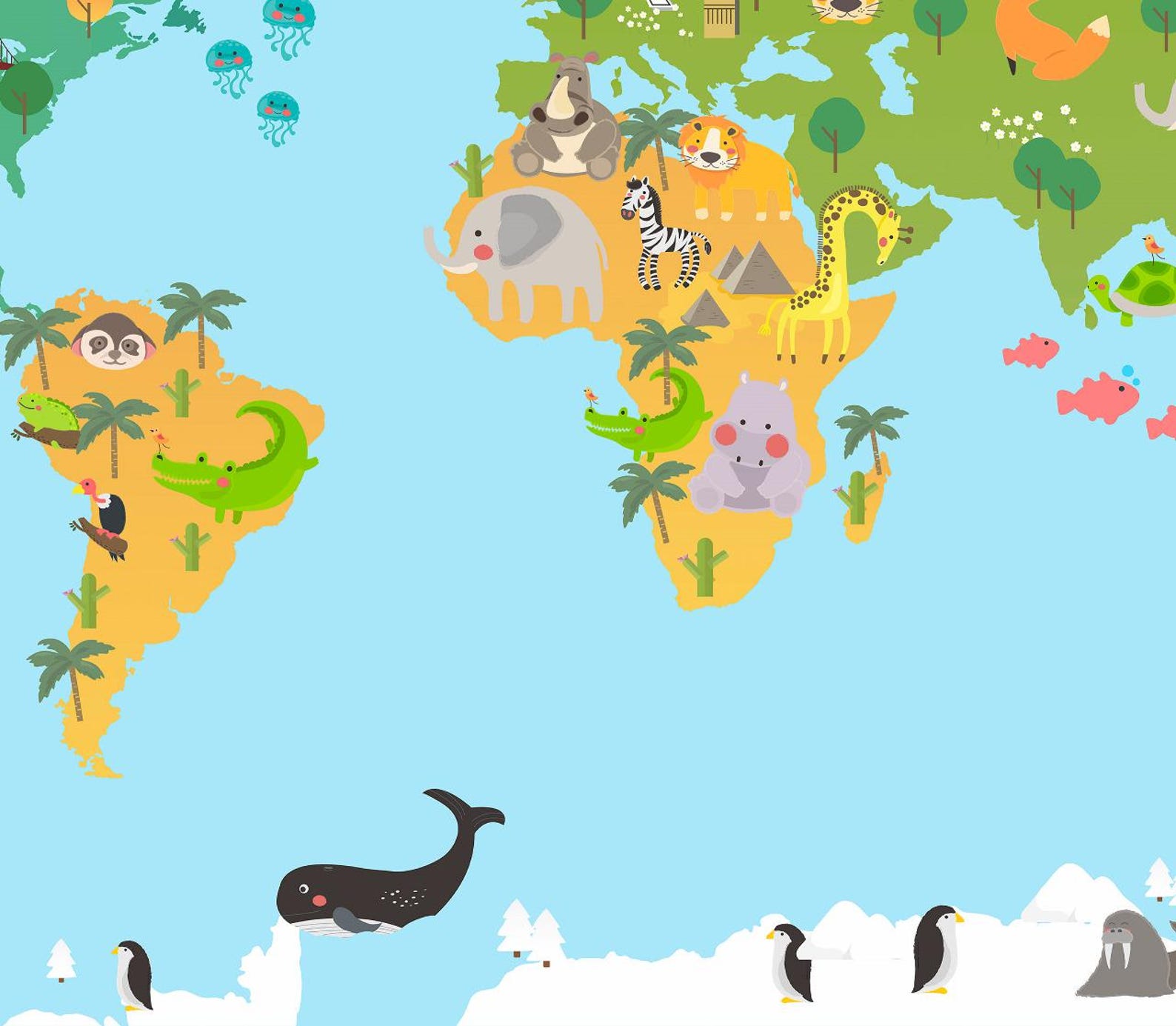 Animal World Map Wallpaper for Kids | Educational Playroom & Nursery ...