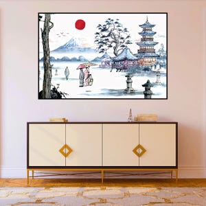 Japanese Landscape Wall Art, Mt. Fuji Ink Painting, Traditional Asian Decor, Pagoda Home Painting, Cherry Blossom Travel Artwork