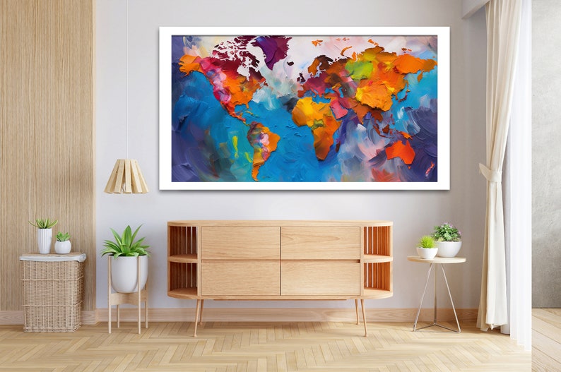 Large colorful world map wall art World map wall painting for living room decor Wooden Premium Canvas Painting image 10