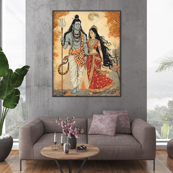 Shiva & Parvati Canvas Painting | Divine Union Spiritual Wall Art