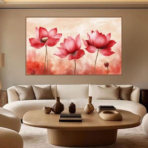 Red Lotus Flower Painting, Modern Floral Wall Art, Bold Lotus Canvas, Spiritual Home Decor, Living Room Statement Artwork