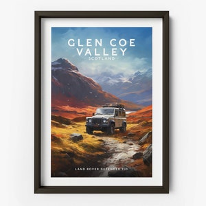 Land Rover Defender in Glen Coe Art Print - Defender Poster, Land Rover Poster, Glen Coe Location Print - TAF1044