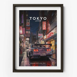 Nissan Skyline in Tokyo Art Print - Skyline R34 Poster, Nissan R34 Poster, Tokyo Location Art Print, Gifts for Him - TAF1054