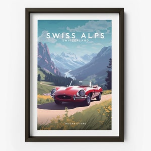Jaguar E-Type in The Swiss Alps Art Print - Jaguar E-Type Print, Swiss Alps Location Print - TAF1035