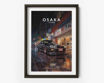 Nissan Skyline R34 in Osaka Art Print - Skyline R34 Poster, Nissan Skyline Poster, Osaka Location Art Print - TAF1045