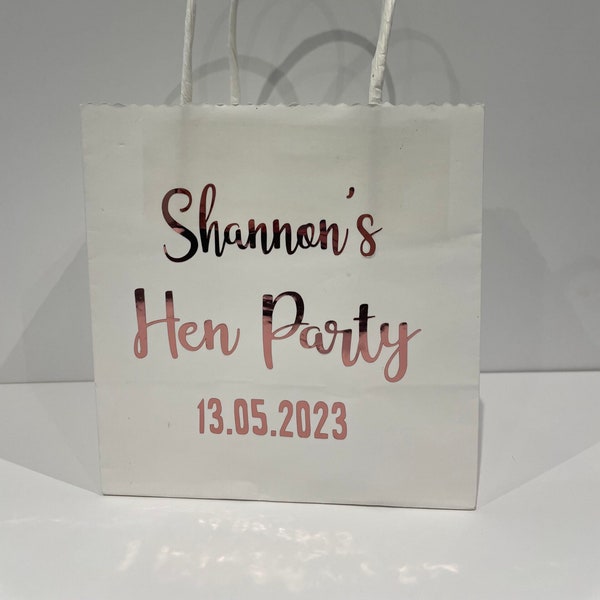 Personalised hen party bags, personalised hen party favours, rose gold bags, paper bag favours, bridal favours, bridal party, hen weekend