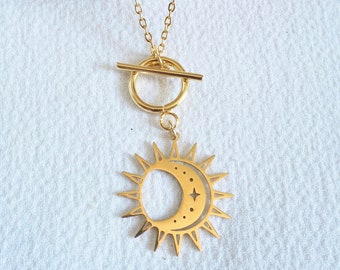 Stainless steel sun and moon pendant necklace