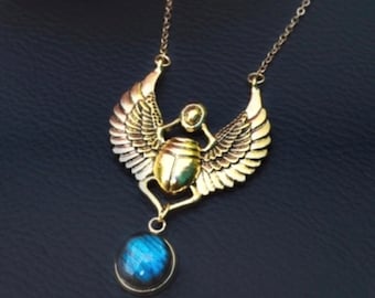 Egyptian scarab necklace and natural Labradorite stone