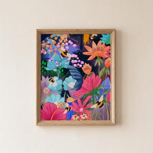 May include: A framed digital art print featuring a dark blue background filled with vibrant flowers in shades of pink, orange, and light blue. The composition includes several bumblebees, a large dark blue butterfly, and purple crystal shapes.