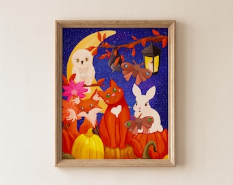 Maximalist Autumn Woodland Animals on Pumpkins Print: Maximalist Celestial Art (Digital Download) Bat