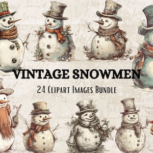 Vintage Snowmen Clipart Bundle, 24 PNG Images, 5inx5in, Christmas Clipart, Instant Digital Download, Commercial Use Allowed, Snowman Clipart