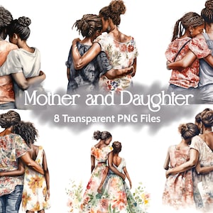 Moeder en dochter clipart bundel, Afro-Amerikaans, aquarel, 8 PNG-afbeeldingen, 5x5in, instant digitale download, commercieel gebruik toegestaan
