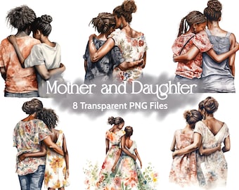 Watercolor Mother and Daughter Clipart: African American PNG Images (Digital Download)