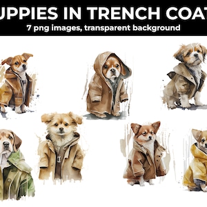 Schattige puppy's in trenchcoats clipart bundel, aquarel, 7 PNG-afbeeldingen, 10inx10in, AI Art, instant digitale download, commercieel gebruik toegestaan