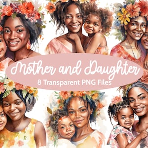 Moeder en dochter clipart bundel, Afro-Amerikaans, aquarel, 8 PNG-afbeeldingen, 5x5in, instant digitale download, commercieel gebruik toegestaan