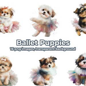 Cute Ballet Puppies Clipart Bundle, Aquarel Animal Art, Ai Art, 16 PNG-afbeeldingen, 10x10in, Instant Digitale Download, Commercieel gebruik toegestaan