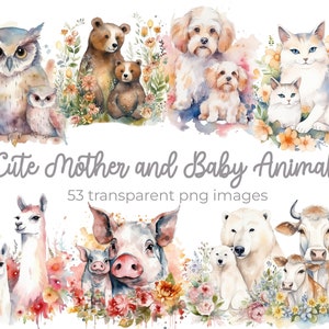 Leuke moeder en baby dieren clipart bundel, aquarel, 53 PNG-afbeeldingen, 5x5in, instant digitale download, commercieel gebruik toegestaan