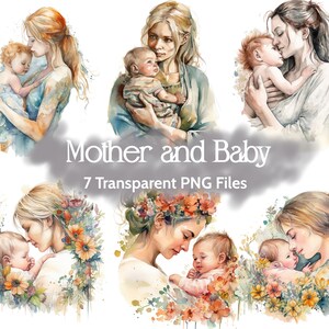 Moeder en baby clipart bundel, aquarel, 7 PNG-afbeeldingen, Moederdag kunst, 5x5in, instant digitale download, commercieel gebruik toegestaan