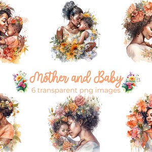 Moeder en baby clipart bundel, Afro-Amerikaans, aquarel, 6 PNG-afbeeldingen, 5x5in, instant digitale download, commercieel gebruik toegestaan
