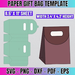 Könnte beinhalten: Eine druckbare Vorlage für eine Papier-Geschenkverpackung. Die Vorlage ist so konzipiert, dass sie aus einem Blatt Papier im Format 8,5 x 11 Zoll ausgeschnitten werden kann. Die fertige Tasche wird 3,4 Zoll breit und 4,3 Zoll hoch sein. Die Vorlage enthält Faltlinien und Schnittlinien.