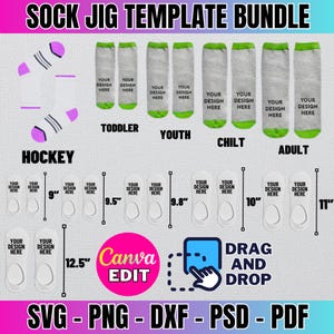May include: Sock jig template bundle for creating custom socks. The bundle includes templates for different sizes: toddler, youth, child, and adult. The templates are labeled with the size in inches. The image also includes the text "Drag and Drop" and "Canva Edit".