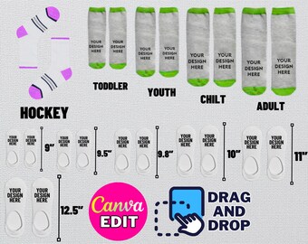 May include: Sock jig template bundle for creating custom socks. The bundle includes templates for different sizes: toddler, youth, child, and adult. The templates are labeled with the size in inches. The image also includes the text "Drag and Drop" and "Canva Edit".