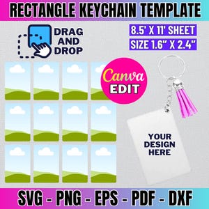 May include: A digital template for creating rectangle-shaped keychains. The template includes 12 blank rectangles with a sky and grass background. The template is designed to be used with Canva and can be printed on an 8.5 x 11 inch sheet of paper. The finished keychains will be 1.6 x 2.4 inches.