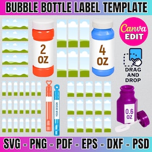 May include: Printable bubble bottle labels with a green and blue landscape design. The labels are for 2 ounce, 4 ounce, and 0.6 ounce bottles. The labels are editable in Canva.