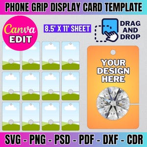 May include: A printable template for phone grip display cards. The template includes 12 cards with a sky blue and green background, a white cloud, and a circle cutout. The template also includes a single card with a peach background, a diamond, and the text "YOUR DESIGN HERE". The template is 8.5 inches by 11 inches.
