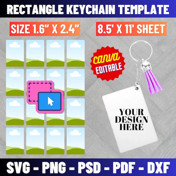 Rectangle Keychain Template, Keychain Template Svg, Sublimation Template, Keychain Personalized, Custom Keychain, png, dxf, Canva Editable