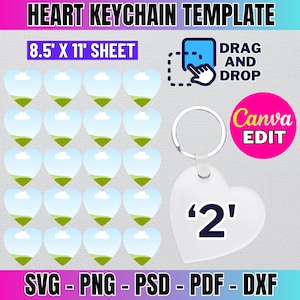 Puede incluir: Una plantilla digital para crear llaveros en forma de corazón. La plantilla incluye 20 contornos en forma de corazón en una hoja de 8,5 x 11 pulgadas. La plantilla está diseñada para ser utilizada con Canva e incluye una función de arrastrar y soltar. La plantilla también incluye un llavero de muestra con el número '2' en él.